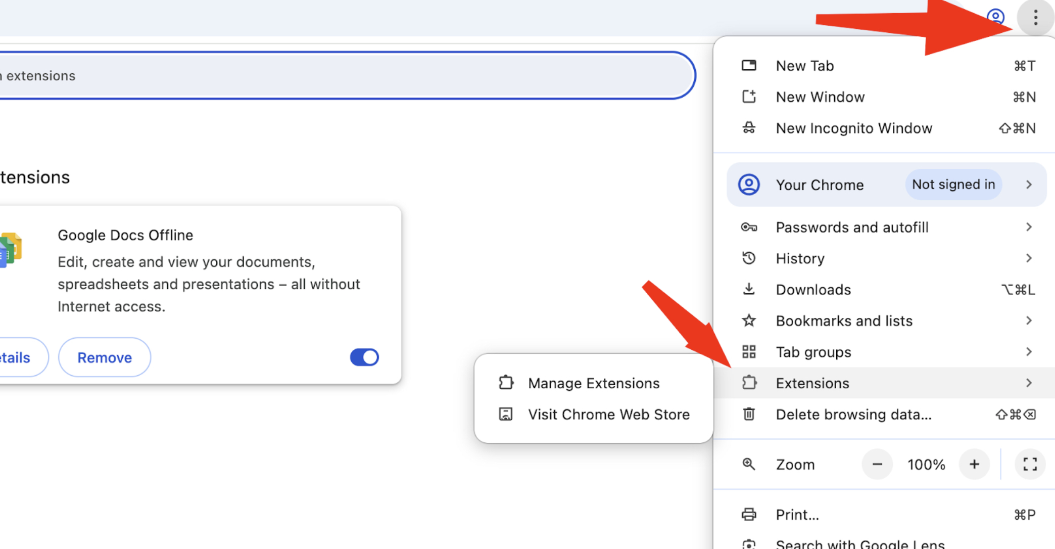 Шаг 2: Переход в Настройки → Расширения → Управление расширениями в Chrome