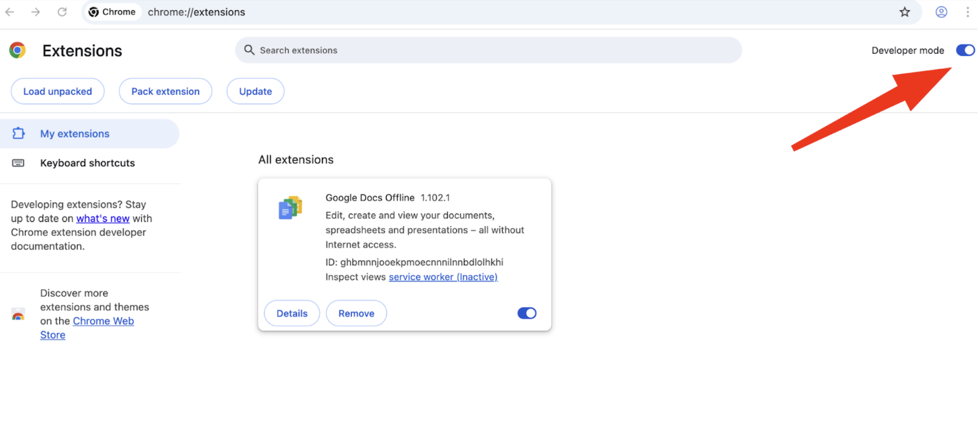 Шаг 3: Включение режима разработчика в управлении расширениями Chrome